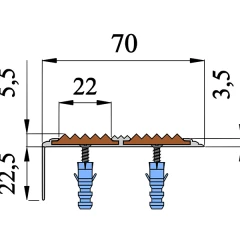 Противоскользящий алюминиевый угол-порог с двумя вставками 70 мм/5,5 мм/22,5 мм 1,35 м черный