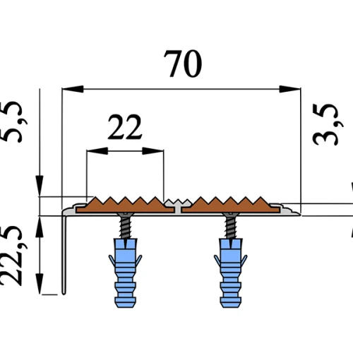 Противоскользящий алюминиевый угол-порог с двумя вставками 70х5,5х22,5 мм 1 м красный