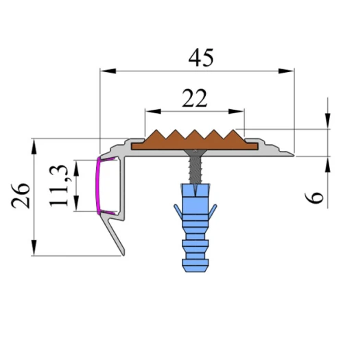 Противоскользящий алюмин.анодирован.угол-порог GlowStep 45х26х6 мм 2 м бежевый, профиль цветной