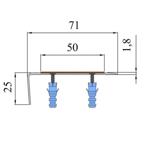 Алюминиевый угол-порог 3 м, 72 мм/25 мм под абразивную ленту 25/50 мм