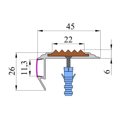 Противоскользящий алюминиевый угол-порог для ступеней 45x26мм GlowStep-45, 2м, серый
