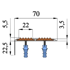 Противоскользящий алюминиевый угол-порог для ступеней с 2 вставками 70x22,5мм 1,5м синий