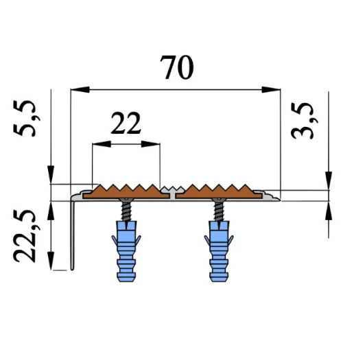 Противоскользящий алюминиевый угол-порог для ступеней с 2 вставками 70x22,5мм 1,5м красный