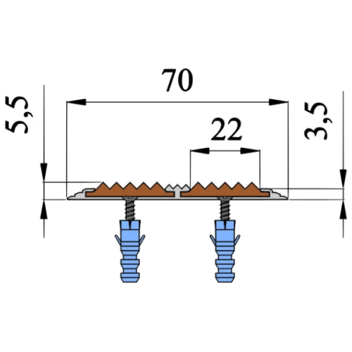 Противоскользящая алюминиевая полоса с двумя вставками 70х5,5 мм 1,5 м оранжевый