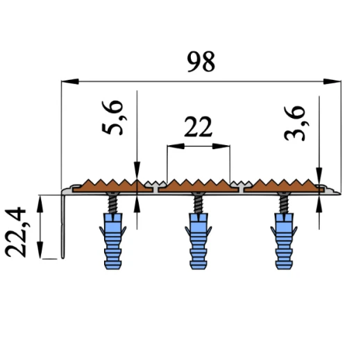 Противоскользящий алюминиевый угол с тремя вставками 98х6,5х22,4 мм 1,5 м зелёный