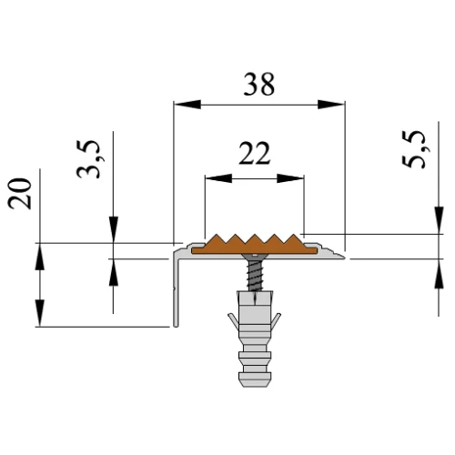 Противоскользящий алюминиевый угол-порог АУ38 ФЭС 38х5,5х22мм (резин.вст.), 3м, зеленый