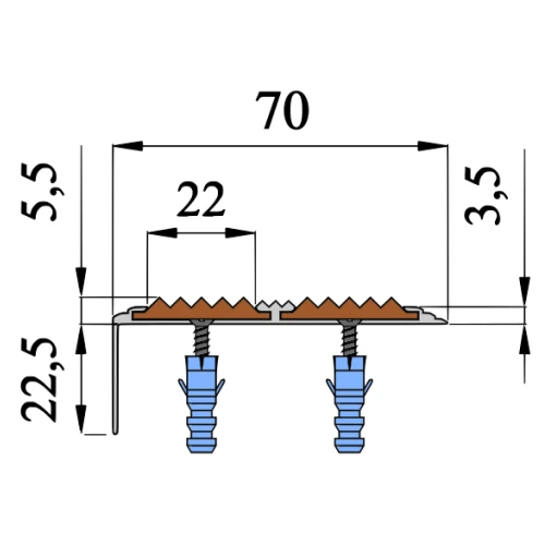 Противоскользящий алюминиевый угол-порог АУ70 ФЭС 70х3,6х25,9мм (вст.ФЭС+бортик), 1м