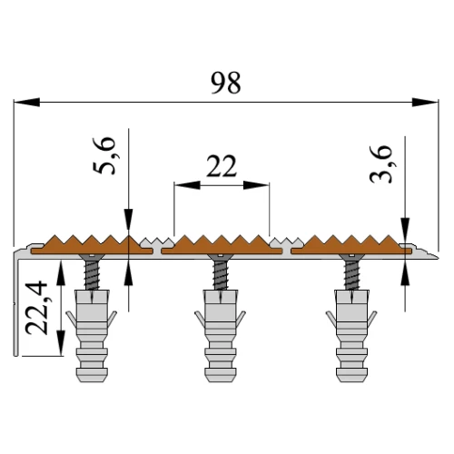 Противоскользящий алюминиевый угол-порог АУ98 ФЭС 98х5,6х28мм (резин.вст.+вставки ФЭС+бортик), 1,5м