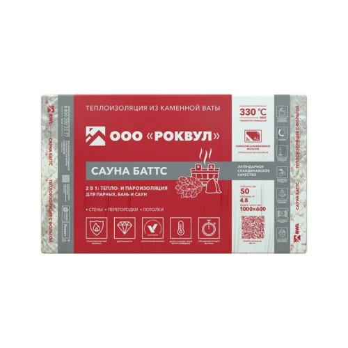 Утеплитель Rockwool Сауна Баттс 1000х600х50 мм, 8 шт Роквул (4,8м2)
