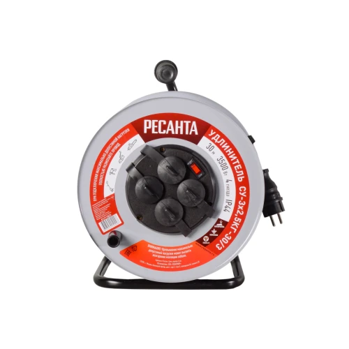 Удлинитель силовой на металлической катушке, СУ-3х2,5КГ-30/3 (с выкл., 4 розетки, IP44) Ресанта