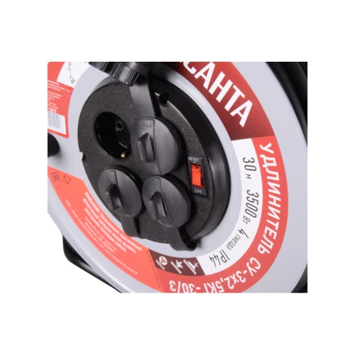 Удлинитель силовой на металлической катушке, СУ-3х2,5КГ-30/3 (с выкл., 4 розетки, IP44) Ресанта