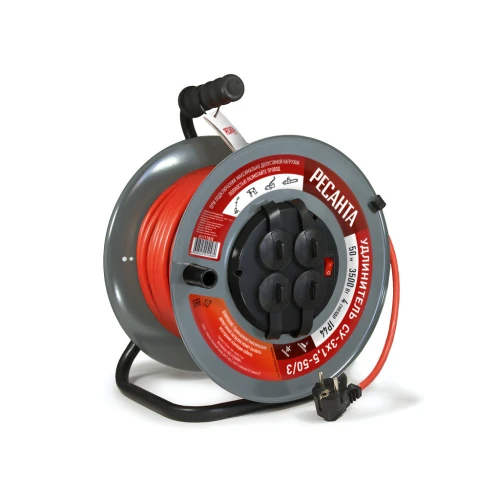 Удлинитель силовой на металлической катушке, СУ-3х1,5-50/3 (с выкл., 4 розетки, IP44) Ресанта