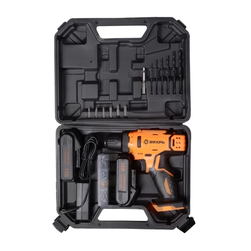 Дрель-шуруповерт аккумуляторная ДА-16Л-2КА с набором оснастки 65 предметов Вихрь
