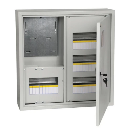 Щит навесной IEK ЩУРН-3/36-1 36, трехфазный электр.счетчик с дверцей, замком, окном IP31 серый