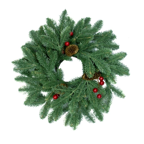 Венок новогодний - 12 зеленый с шишками и ягодами литыми побегами, d-40 см. (1)