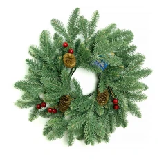 Венок новогодний - 12 зеленый с шишками и ягодами литыми побегами, d-40 см. (1)