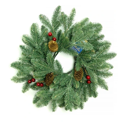 Венок новогодний - 12 зеленый с шишками и ягодами литыми побегами, d-40 см. (1)