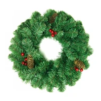 Венок новогодний - 13 зеленый с шишками и ягодами ПВХ, d-40 см. (1)