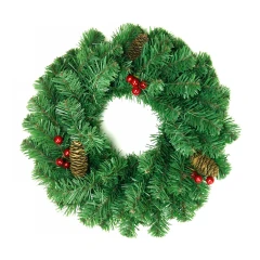 Венок новогодний - 13 зеленый с шишками и ягодами ПВХ, d-40 см. (1)