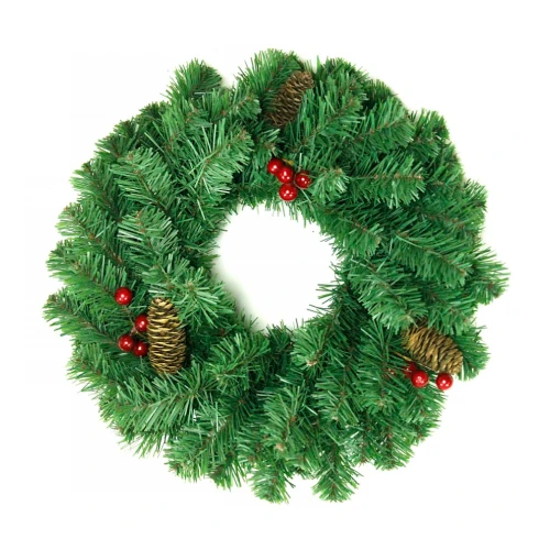 Венок новогодний - 13 зеленый с шишками и ягодами ПВХ, d-40 см. (1)