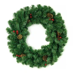 Венок новогодний - 16 зеленый с шишками и ягодами ПВХ, d-60 см. (1)