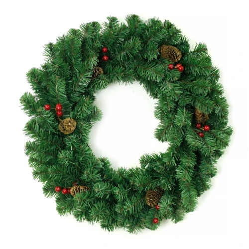 Венок новогодний - 16 зеленый с шишками и ягодами ПВХ, d-60 см. (1)