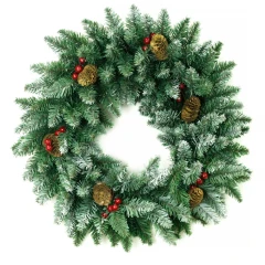Венок новогодний - 15 зеленый с шишками и ягодами ПВХ заснеженный, d-60 см. (1)
