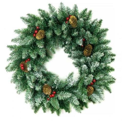Венок новогодний - 15 зеленый с шишками и ягодами ПВХ заснеженный, d-60 см. (1)