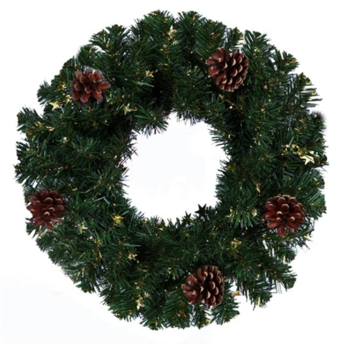 Венок новогодний - 4 зеленый с шишками и звездами, 35 см
